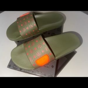 MCM Monogram Slides In Moss Green Rubber for Women